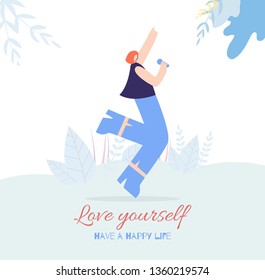 Happy Woman Vocalist Singing With Microphone Lovely Song Outside Flat Card Motivation Text Love Yourself Have Happy Life Flat Card Vector Floral Design Illustration Banner Inspirational Template