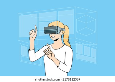 Una mujer feliz con gafas VR explora el entorno. Una clienta sonriente con gafas de realidad virtual se divierte disfrutando de la nueva tecnología moderna. Ilustración vectorial. 