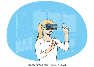 Happy woman in VR glasses explore surroundings. Smiling female client in virtual reality glasses have fun enjoy new modern technology. Vector illustration.