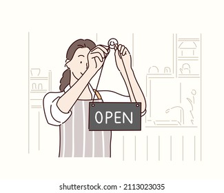  happy woman waiter changing table on door - closed-open at cafe in morning. Hand drawn style vector design illustrations.