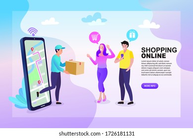 Happy woman waiting her package can use for, landing page, template, ui, web, mobile app, Online fast delivery services with map navigation on phone concept. Flat vector style.