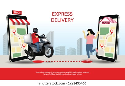 Happy woman waiting to receive the package from the delivery man. Mobile phone showing parcel status and location. Fast motorbike driver to deliver on time. Design for banner, illustration, website.