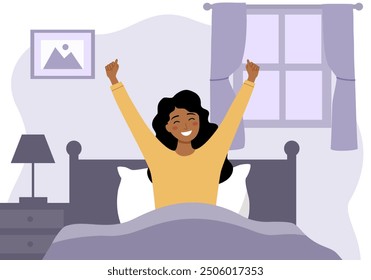 Happy woman wake up fresh and stretching arms in bed. Good morning. Vector illustration in flat style.