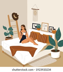 Happy woman wake up in the morning and drinks coffee. Cartoon girl awakening in bedroom. Vector illustration of the interior