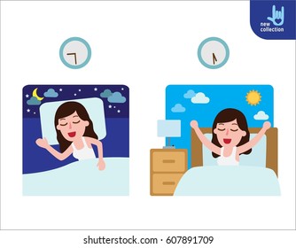 happy woman wake up on the stretching bed.
and sleeping. good morning and good night.
People healthy lifestyle concept.
Vector flat style cartoon character design illustration
Isolated