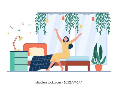 Happy Woman Waking Up In Morning. Person Sitting On Bed And Stretching Arms. Flat Vector Illustration For Comfortable Bedroom, Deep Sleep, Wellness Concept