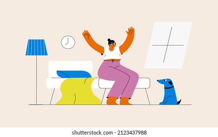 Happy woman waking up in morning. Person sitting on bed and stretching arms. Flat vector illustration, wellness concept.