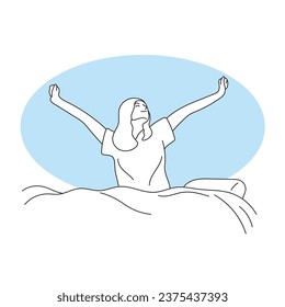 mujer feliz despertando en la cama en la ilustración matutina de la mano vectorial aislada en fondo blanco