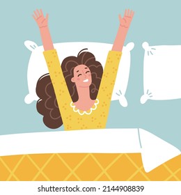 Happy woman waking up and stretching in the bed. Good morning metaphor. Lying Girl in pajamas under blanket. People healthy lifestyle concept. Top view Flat vector character illustration.