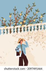Happy Woman Walking Alone In City On Summer Holidays. Carefree Relaxed Person During Summertime Urban Stroll At Noon. Modern Female Enjoying Weekend And Warm Weather. Flat Vector Illustration