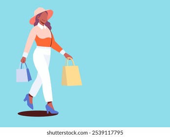 happy woman is walking and carrying colorful shopping bags. Image captures the joy and excitement of shopping