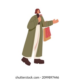 Happy woman walking with Christmas shopping bags for winter holidays. Person going and carrying Xmas gifts outdoors. Female at New Year eve. Flat vector illustration isolated on white background