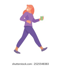 Happy Woman Walking with Coffee and Talking to Somebody Vector Illustration