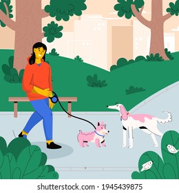 Mujer feliz caminando con perro corredizo en el parque de la ciudad. Muchacha con mascota en la calle. Las mujeres dueñas y su cachorro pasan tiempo juntos al aire libre. Atención y actividades para animales. Ilustración de carácter de vector