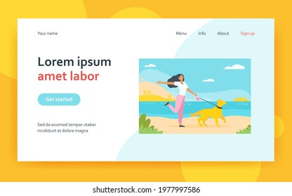 Happy woman walking dog on leash outdoors. Girl with pet near lake, landscape, water flat vector illustration. Animal care, leisure, lifestyle concept for banner, website design or landing web page