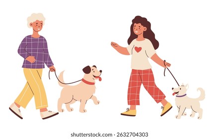 Happy Woman Walking Dogs. Isolated female character with pet symbolizing love, togetherness, and joyful pet companionship. Flat Vector Illustration 