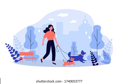 Happy woman walking dogs on leashes in city park. Vector illustration for pets, animal care, activity, leisure, friendship concept