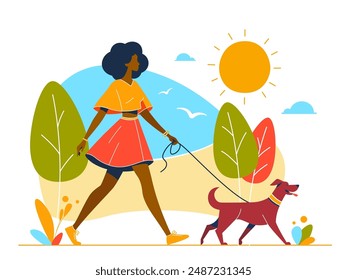 Happy woman walking her dog on a sunny day. Enjoying the outdoors, she strolls through a vibrant landscape with stylized trees and plants. Depiction of leisure and the bond between humans and pets