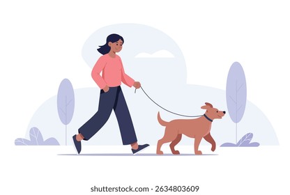 Happy woman walking her dog