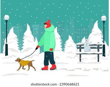 A happy woman walking on a leash with a dog in a snowy park, winter outdoor recreation. Vector illustration.