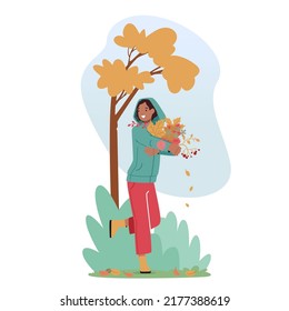 Happy Woman Walking in Park with Bunch of Falling Colorful Leaves Enjoying Sunny Autumn Weather. Female Character Spend Time on Nature Relaxing, Outdoors Activity. Cartoon People Vector Illustration