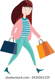 A happy woman walking with shopping bags in a bright vector illustration.