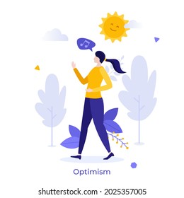 Happy woman walking and singing. Concept of optimism, feeling of happiness, positive thoughts or emotions, good mood, optimistic point of view. Modern flat vector illustration for banner, poster.