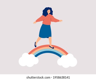 Happy woman walks on the rainbow. Smiled girl creates good vibe around her. Smiling female character enjoys her freedom and life. Body positive and balance concept