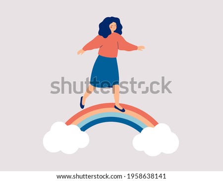 Happy woman walks on the rainbow. Smiled girl creates good vibe around her. Smiling female character enjoys her freedom and life. Body positive and balance concept