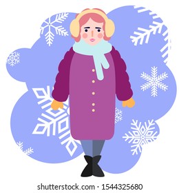 happy woman in warm winter clothes with snowflakes background