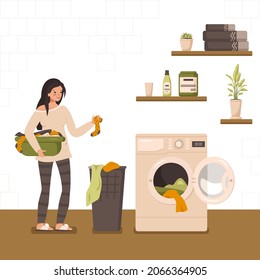 Happy woman washes in laundry. Bathroom interior with shelves, washing machine and towels. Home routine. Vector flat illustration