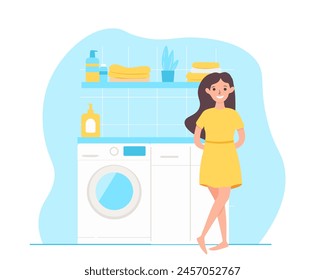 Happy woman washing clothes in the bathroom. Female cartoon character vector illustration isolated on white background