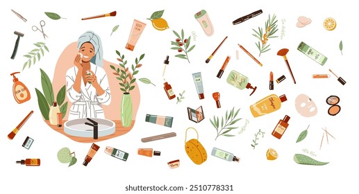 Mulher feliz lavando o rosto cercado por produtos cosméticos ilustração vetor de cor plana. Composição de desenho animado sobre fundo branco