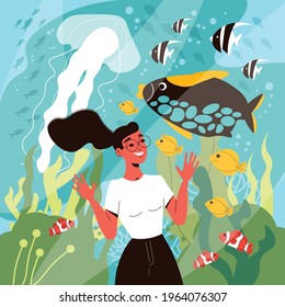 Happy woman watching fish and jellyfish in aquarium flat vector illustration