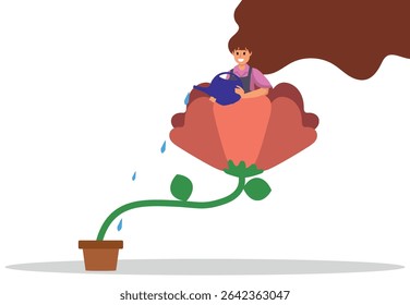 happy woman watering a big flower, concept of self care and good energy. vector illustration.