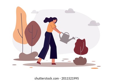 Happy woman with watering can water tree. Female character watering plants in park. Ecological and healthy lifestyle. Concept of recreation and spending active free time. Flat vector illustration