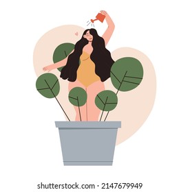 Happy woman watering herself in a flower pot. Self growth, personal improvement and self development. Mental health, self help, self care concept. Hand drawn vector flat cartoon style illustration