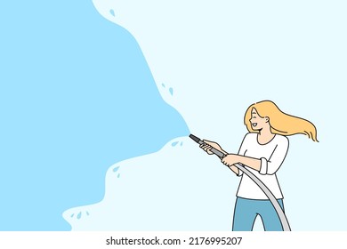 Happy woman watering with hose during summer activity festival. Smiling female have fun splashing water. Summer seasonal time. Vector illustration. 