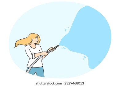 Happy woman watering with hose during summer activity festival. Smiling female have fun splashing water. Summer seasonal time. Vector illustration.