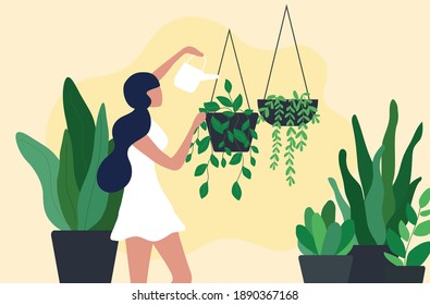 Happy woman watering houseplants at home vector illustration.. Hobby, stay home, lifestyle, home garden and houseplants concept