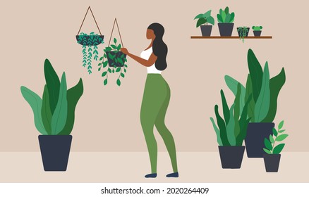 Happy woman watering houseplants at home vector illustration.. Hobby, stay home, lifestyle, home garden and houseplants concept