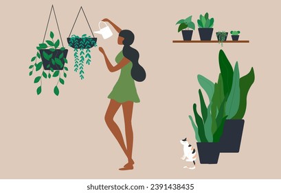 Happy woman watering houseplants at home vector illustration.. Hobby, stay home, lifestyle, home garden and houseplants concept