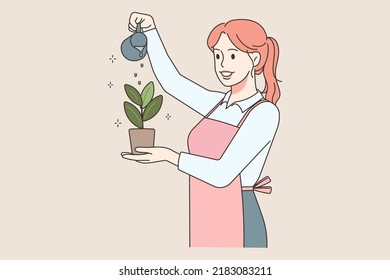 Happy woman watering plant. Smiling female in apron take care of houseplant. Gardening and horticulture. Vector illustration. 