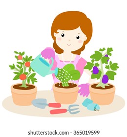 happy woman watering plants cartoon vector illustration