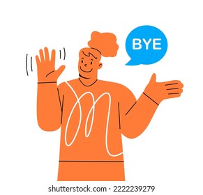 Happy woman waves his hands in farewell. Colorful vector illustration
