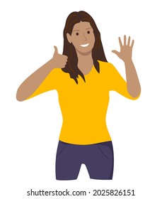 Happy woman waving. Woman greeting gesture, hand saying hi. Women in casual clothes say hello. Waving hand and gesturing in friendly way. Character wave their hand. Flat vector illustration isolated