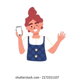 Happy woman waving and holding mobile phone screen. Promotion of new easy-to-use applications, clearance sale and discount information, update news.