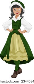 A happy woman wearing an Austria traditional outfit, including a hat, smiles in a vector cartoon illustration