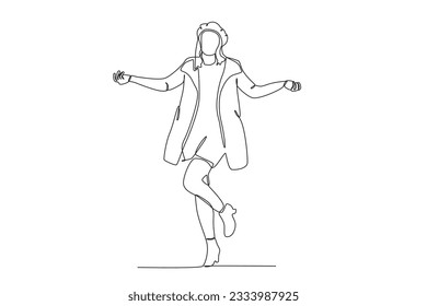 A happy woman wearing autumn clothes. Autumn one-line drawing