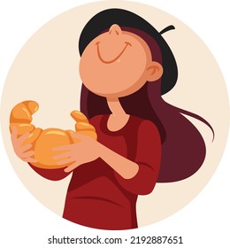 
Happy Woman Wearing a Beret Holding a Croissant Vector Cartoon Illustration. Funny travel girl with traditional pastry product visiting France
